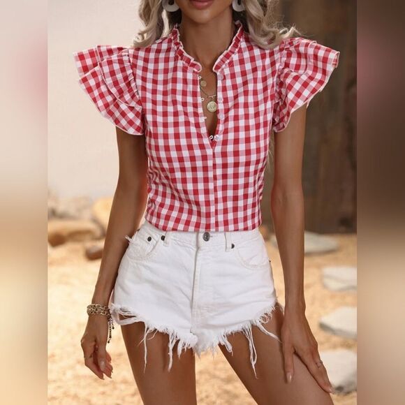 SHEIN Red Gingham Flutter Sleeve Frilled Neck Half Button Blouse NWOT XL 5 0286 - Picture 8 of 8